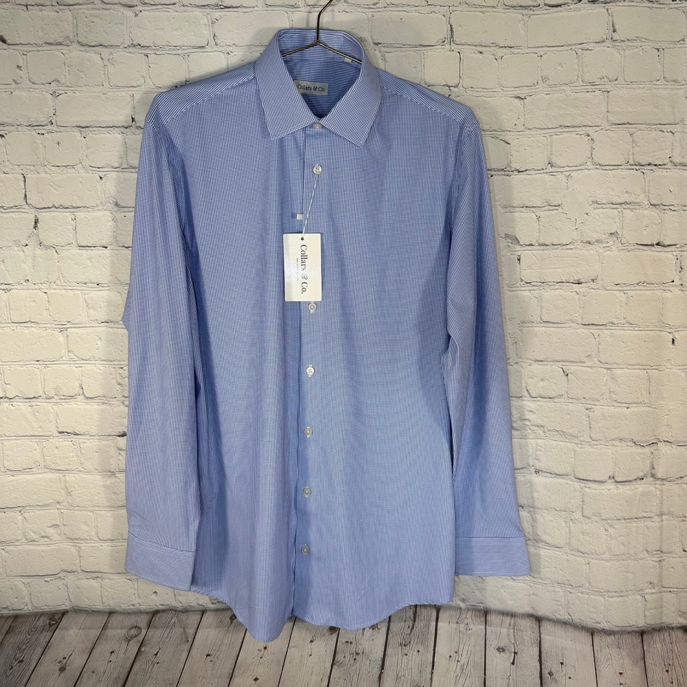 NEW Collars & Co Apex Mens Blue Houndstooth Performance Stretch Dress Shirt L/S